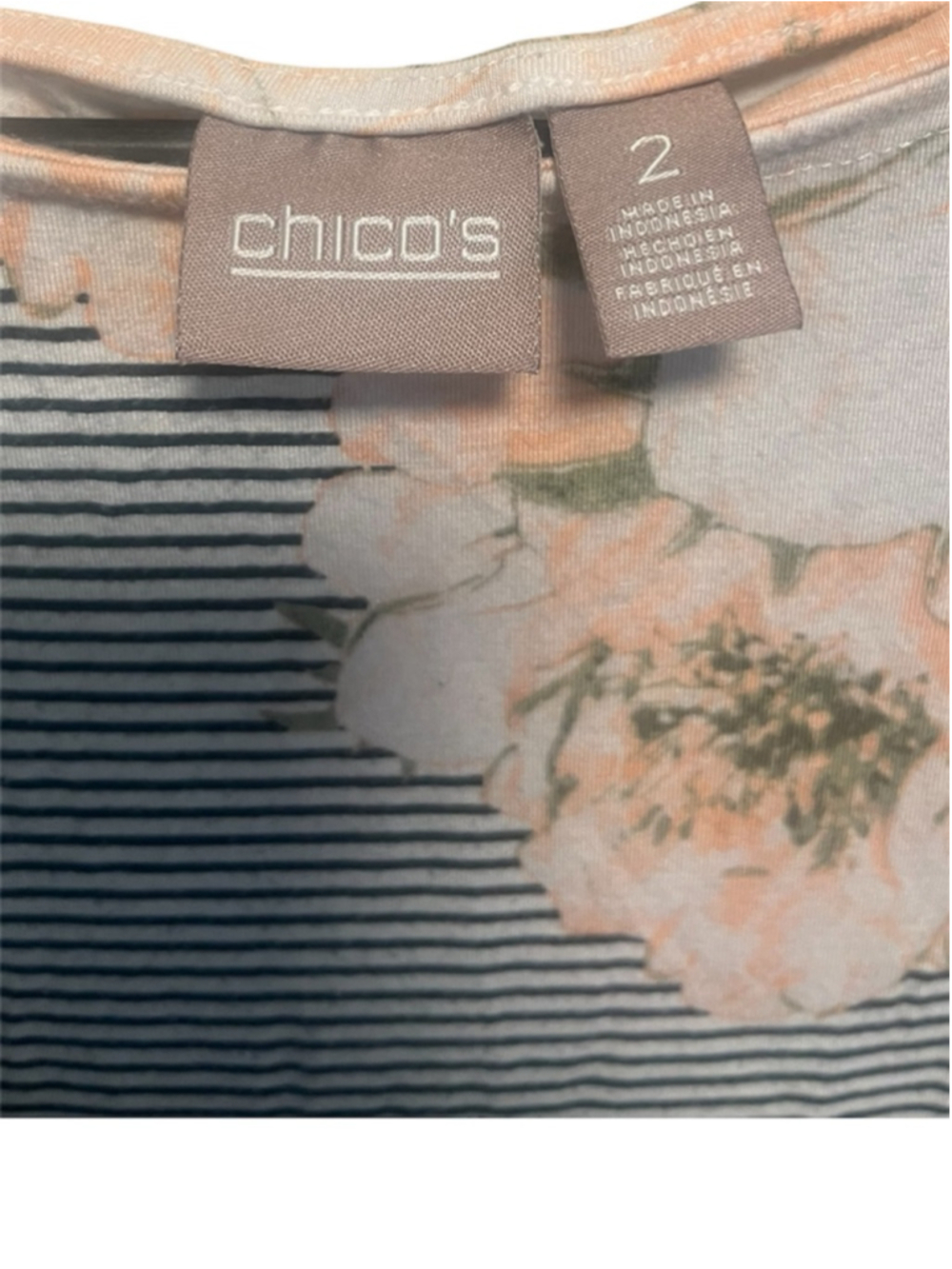 Women's Chico's Striped Floral Dress Size 2 White Black Pink - Picture 2 of 3